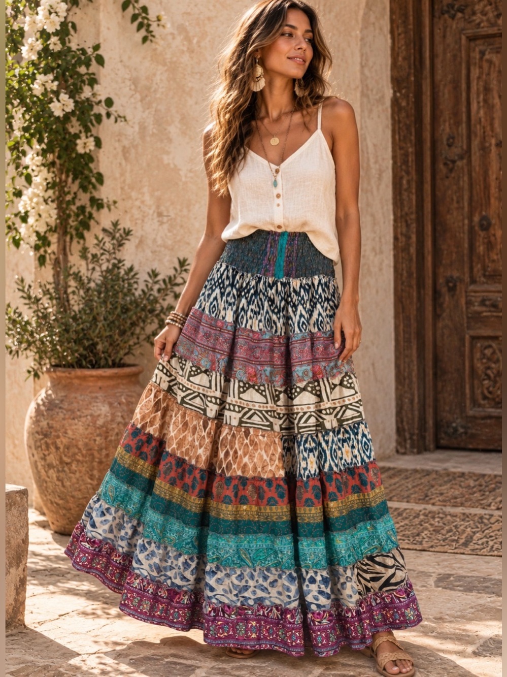 Boho Tiered Maxi Skirt in Multi-Color Print